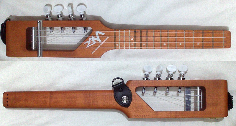 A pictures of the front and back of a Risa Stick ukulele